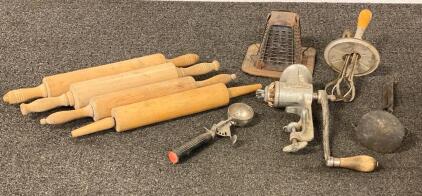 Vintage Universal Meat Grinder, 4 Wooden Rolling Pins, Egg Beater, Scoop, Grater, Kitchenware Lot