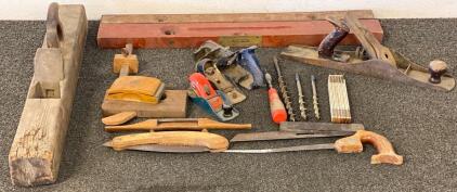 Lot of Vintage Woodworking Tools&mdash;Stanley Planes, Block Planes, Saws, Levels, Bits, Saw, Ruler