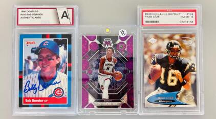 1986 Donruss Bob Dernier Auto, 2022-23 Mosaic Peyton Watson RC /50, 1998 Odyssey Ryan Leaf PSA 8