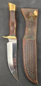 Browning USA Fixed-Blade Hunting Knife, Model 4018, 5" Blade, Rosewood Handle, Leather Sheath