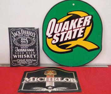 Michelob, Quaker State, and Jack Daniel&rsquo;s Vintage Advertising Signs Set, Metal, 24"x18", 28" dia, 16"x22"