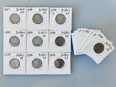 Buffalo Nickel Collection 1920&ndash;1937, 5&cent; Coins: 1936-D, 1936-S, Multiple Dates/Mints, 20 Coins Total