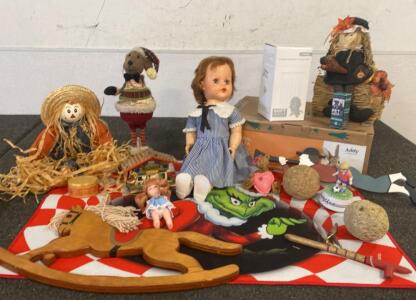 Assorted Vintage Dolls, Folk Art Figurines, Wooden Rocking Horse & Collectibles Lot