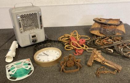 Vintage Titan Heater (Works), Fishing Creel, Rope Pulleys, Animal Traps, Wire Reel &ndash; Hardware Lot