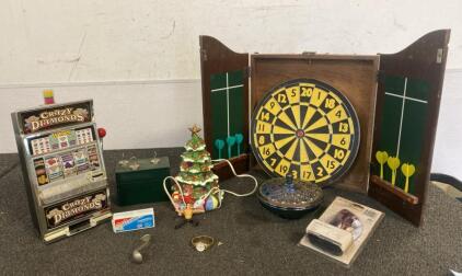 Wood Dartboard Cabinet Set - Slotmachine - Timex Watch - Glass Bowl and More
