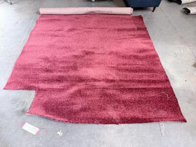 Red Broadloom Carpet Remnant, Scroll Pattern, Approx. 12x10 ft, Cut Edge, Commercial/Residential