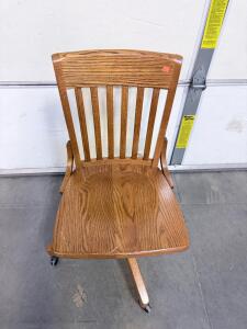 Oak Mission-Style Swivel Wooden Desk Chair, Rolling Base, Armrests, Slat Back