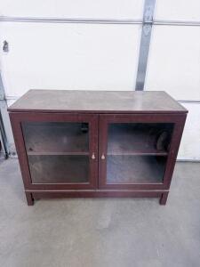 Dark Brown Glass-Front Storage Cabinet, 2 Doors, 1 Shelf, Modern Style, Estimated 47"x15"x32"