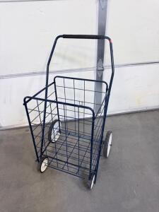 Folding Utility Cart, Metal Frame, 4 Wheels, 24"x18"x38", Blue, Foam Handle, 100 lbs Capacity