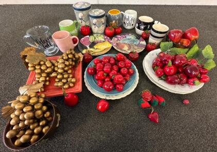 Mixed Vintage Kitchenware Lot: Plates, Mugs, Copper Bowl, Tins, Faux Fruit Decor, 17+ Pieces