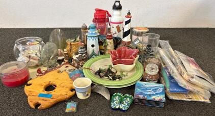 Large Coastal & Beach Home Decor Mixed Lot &ndash; Flags, Lighthouse Figurines, Tableware, Candles, 30+ Pcs