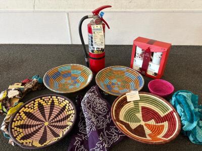 Handwoven African Baskets Set, Rwandan Style, Sisal & Sweetgrass, 5 Unique Patterns, Handmade, Fire Extinguisher, two scarfs, and Starbucks hot chocolate kit with two mugs,