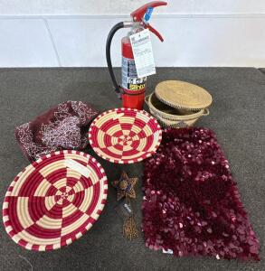 Handwoven African Baskets Set, Rwandan Style, Sisal & Sweetgrass, 2 Unique Patterns, Handmade, Fire Extinguisher, two scarfs, and a star ornament