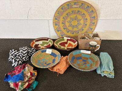 African Handmade Basket & Textile Collection with "Love More" Ceramic Mugs &ndash; 5 Baskets, 4 Scarves, 6 Mugs