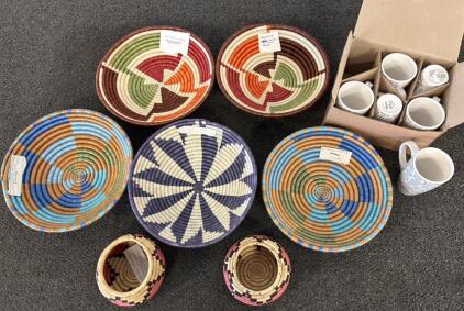 Rwandan Handwoven Decorative Baskets, Set of 7, Sisal Fiber, Multicolor Geometric Patterns, plus a set of six Inspirational Mugs