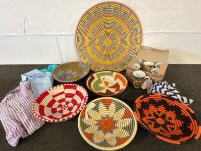 Set of 6 Handwoven Decorative African Baskets & 6 'LOVE MORE' Ceramic Mugs, Artisan Signed, Peru, three shirts and a scarf