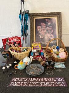 Mixed home decor Lot - Umbrella Stroller, Wall Art, Board Games, Jewelry, Craft Baskets, Decor 50+ Pieces