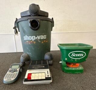 Shop-Vac 6 Gal 2.5 HP Wet/Dry Vacuum, DYMO LetraTag Label Maker, Emerson Cassette Recorder, Scotts Hand Spreader