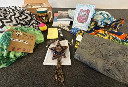 Gift Lot: 6 Mugs, 2 Books, Scarves, Full Circle Beaded Star Ornament, 10+ Cards, More