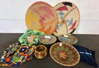 Set of African Handwoven Baskets&mdash;Large Wall Plates, Bowls, Geometric Patterns, Multicolor, Bags and Scarfs