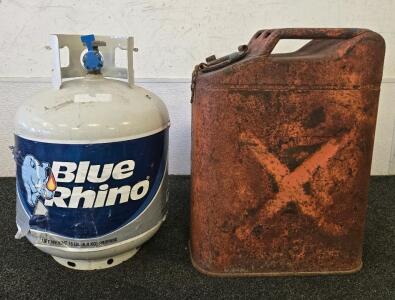 Blue Rhino 15 lb Propane Tank & Vintage 5 Gallon Steel Jerry Can, Triple Handle