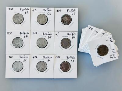 Buffalo Nickel Lot: 20 Coins, Mixed Dates & Mint Marks 1916-S&ndash;1937, 5&cent; US Indian Head