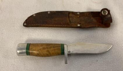 Vintage Cattaraugus Fixed-Blade Hunting Knife, Wood Handle, 4.5" Blade, Leather Sheath USA