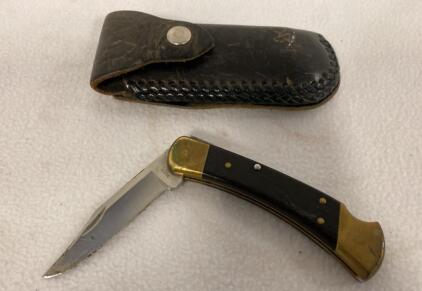 Buck 110 Folding Hunter Knife, 3.75" 420HC Blade, Lockback, Ebony Handle, Leather Sheath, USA Made