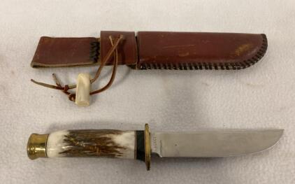 Fixed Blade Hunting Knife, Stag Handle, Brass Guard & Pommel, Leather Sheath, Serial #13909