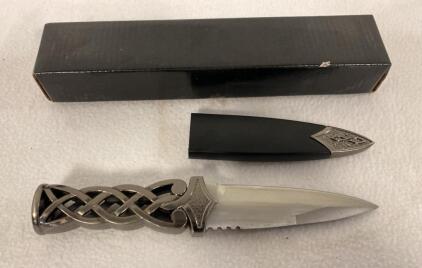 Scottish Sgian Dubh Knife, Stainless Steel Blade, Celtic Knot Metal Handle, Sheath, Box, China