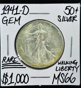 1941-D Walking Liberty Half Dollar MS66 &ndash; 90% Silver Gem, Denver Mint, Key Collector Coin