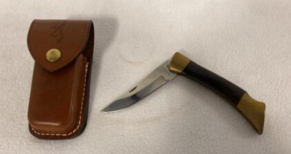Browning Folding Hunter Knife with Brass & Wood Handle, 3.75" Blade, Leather Sheath