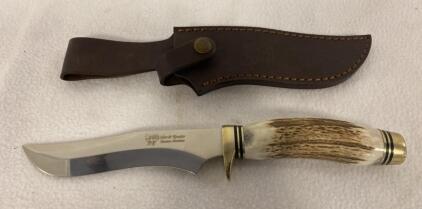 Hen & Rooster German Stag Handle Fixed-Blade Hunting Knife, German Stainless, Leather Sheath