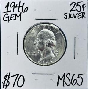 1946 Washington Quarter 90% Silver, MS65, Philadelphia Mint, GEM Condition