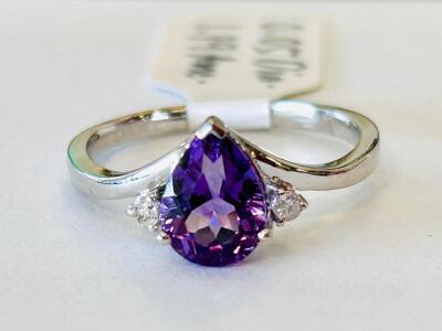 Sterling Silver Pear Amethyst Ring with 0.05 ctw Diamonds, 1.19 ct Center, 1.86g, K15E2 (Size 6-3/4)