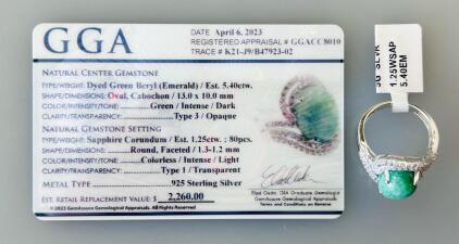Sterling Silver Ring with 5.40ctw Dyed Green Beryl (Emerald), 1.25ctw Sapphire Accents, GGA Certified (Size 7.5)