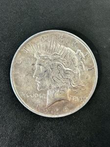 1924 Peace Silver Dollar, 90% Silver, Philadelphia Mint, Circulated, Liberty & Eagle Design