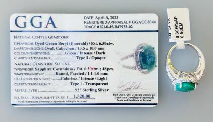 Emerald (Dyed Green Beryl) & White Sapphire 6.50ctw Oval Cabochon Ring in .925 Sterling Silver (Size 7)