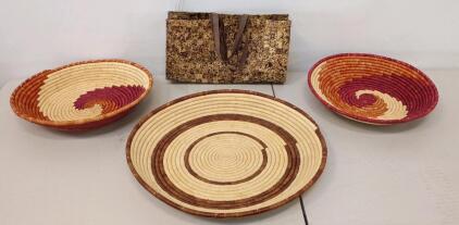 African Handwoven Basket Set (3) & Woven Plant Fiber Tote Bag, Natural & Earthy Tones