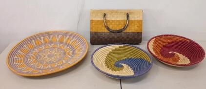 Handwoven African-Style Baskets Set & Woven Palm Tote Bag, Multicolor Patterns, Artisan Craft