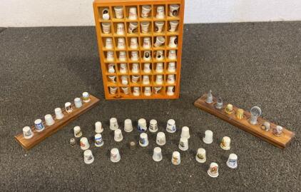 Large Assorted Thimble Collection w/ U.S. Presidents Set & Display Racks, Ceramic & Metal, 56 pcs
