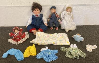 Assorted Lot of 5 Porcelain and Cloth Dolls, 18" & 6", Accessories and Clothing Variety