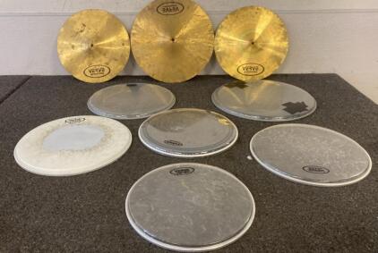 Verve Percussion Drum Cymbals & Heads Set &ndash; 3 Brass Cymbals, 7 Mixed-Size Drum Heads