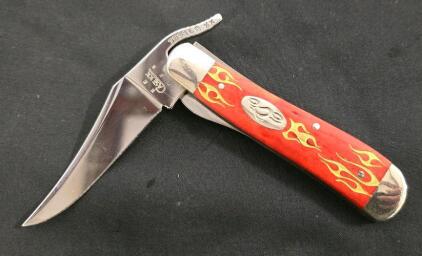 Case XX 61953L SS Lever Lock Pocket Knife, Red Flames Handle, Motorcycle Shield, USA