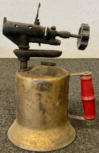 Vintage Brass Blow Torch with Red Handle, Manual Ignition, 1930s&ndash;50s, Flared Base