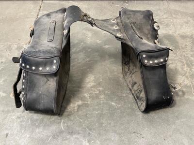 Black Leather Throw-Over Motorcycle Saddlebags, Studded with Conchos, Buckle Closure, Universal Cruiser Fit