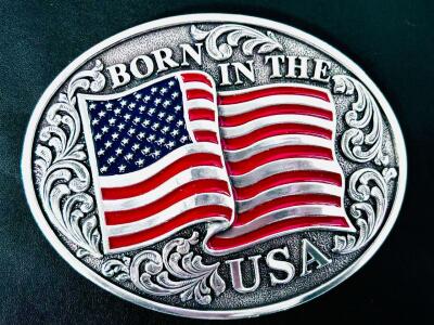 Nocona "Born in the USA" Western Belt Buckle, American Flag Design, 4"x3", Red/White/Blue/Silver