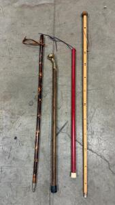 Vintage Walking Sticks & Canes Lot: Brass Handle, Tortoiseshell Finish, Red & Measuring Staff
