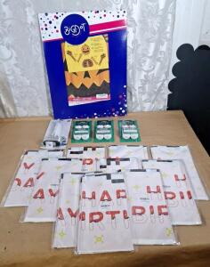 (10) 3-Piece Happy Birthday Themed Vinal Tablecloths, 54" x 108", (1) Large Pumpkin Skeleton Halloween Yard Sign, (1) LED Flickering Window Candle & (3) 10-Piece Decrotive Knob Covers