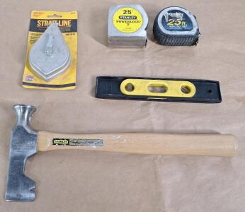(1) Stanley Roofing Hammer, (1) Chalk Line Reel, (2) 25-Foot Measuing Tapes & (1) 9" Torpedo Level